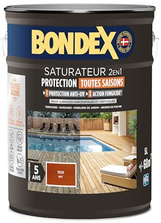 BONDEX Saturateur Terrasse Bois Intérieur & Extérieur À Base d'Eau Teck 5 L | Saturateur pour Terrasse, Saturateur Haute Résistance, Effet Imperméabilisant Optimal, Bondex, Expert du Bois