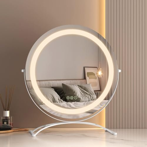 EMKE Hollywood Spiegel mit 3 Lichtfarben, Φ50CM Schminkspiegel mit Beleuchtung, Smart-Touch Schminktisch Spiegel mit Licht 360° drehbar, dimmbar und mit Memory-Funktion - Weiß