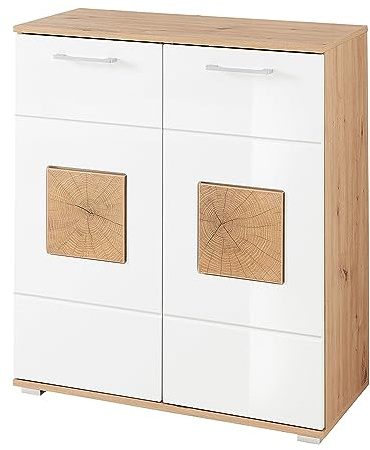 Lomadox Schuhschrank in Eiche Nb. mit weiß Hochglanz, B/H/T ca. 84/95/38 cm