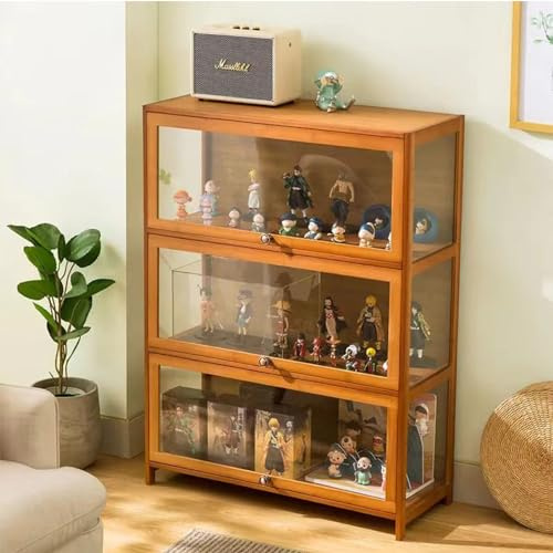 Sammlung Vitrine, natürlicher Bambus Rahmen, Acryl Sammlung Vitrine, staubdicht, passend für Haus und Büro Gebrauch (3-floors-60cm, Wood Color)