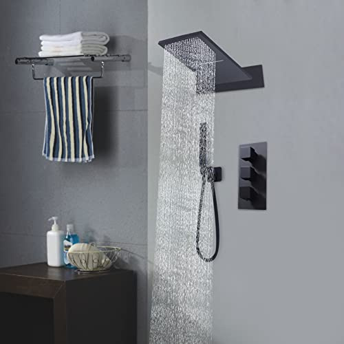 Juego de Grifos de Ducha Empotrados Con Termostato, Sistema de Lluvia, Cabezal, Cascada para Baño - Latón, Cuadrado Negro