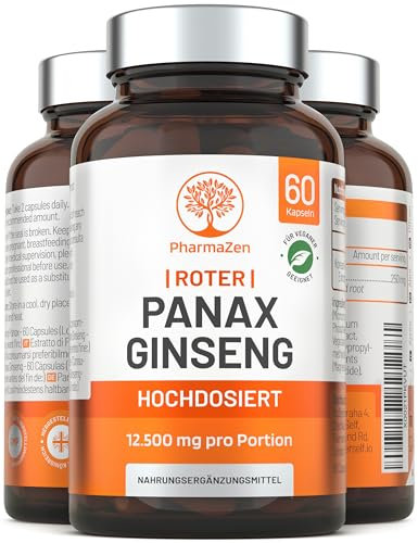 Ginseng Kapseln - Roter Panax Ginseng Extrakt 12.500 mg pro Tagesdosis - Echter Koreanischer Wurzel mit 20% Ginsenoside - 60 Tabletten - Hochdosiert - Laborgeprüft - Vegan