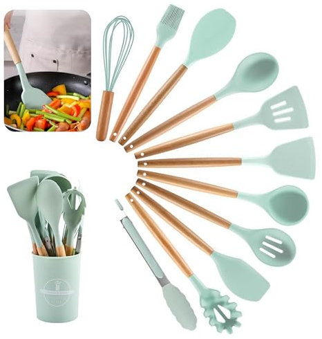 Kitchen Utensil Set, 12 PCS Silicone Cooking Utensils Set with Wooden Handle, Heat Resistant, Nonstick Cookware Tongs Spatula Spoon Set, Silicone Kitchen Utensils Set Suitable for Kitchen(Light Green)