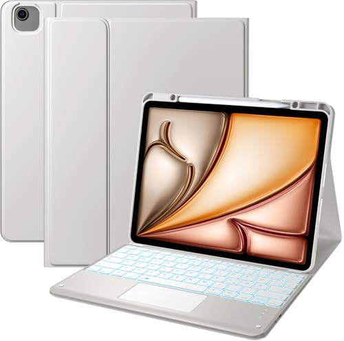 Vobafe Hülle mit Tastatur für iPad Air 13 Zoll M4 M3 M2 (2026/2025/2024), iPad Pro 12.9 (3. 4. 5. 6. Gen), QWERTZ Keyboard Multi-Touch Trackpad 7 Farben Beleuchtung, mit Stifthalter, Hellgrau