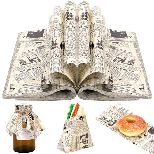 150 Sheets Newspaper Food Wax Paper, 9.8x8.3in Newspaper Print Grease Proof Deli Sandwich Wrap Food Grease Resistant Paper for Home Kitchen (Yellow)