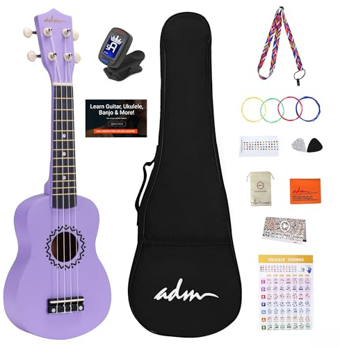 ADM Sopran Ukulele Set für Kinder und Anfänger, Ukulele Starter Kit mit Tasche, Clip-On-Stimmgerät, Regenbogen-Saiten, bunter Gurt, Plektrum, Griffbrettaufkleber, Akkordkarte (Lila)