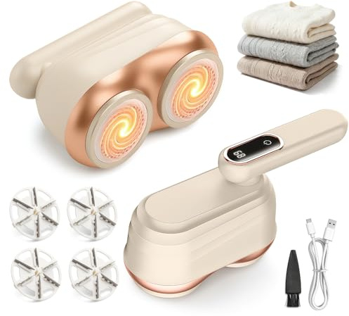 RoserRose Fusselrasierer Elektrisch Doppelkopf mit Klappbarem Griff -Fusselrasierer Kleidung mit LED-Akku-Anzeige – Pilling mit 4 Stück 24 Klingen – Fabric Shaver für Alle Stoffe - Beige