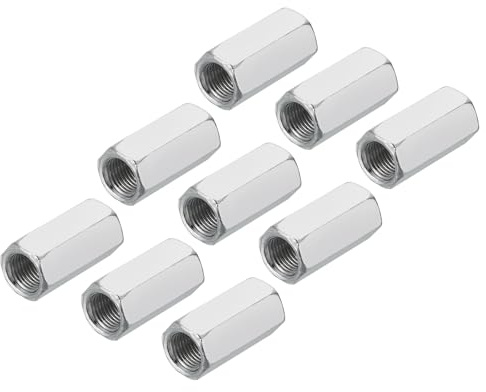 sourcing map M10 x 1 Pitch Carbon Steel Hex Coupling Nuts, 12Pcs 30mm/ 1.2 Length Fully Threaded Rod Coupling Nut Stud Fine Thread Pipe Connector Fasteners, Silver