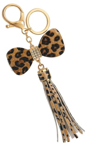 DONWOIE Bow Keyring-Leopard Print Keychain, Luxury Fashion Rhinestone Bow & Tassel Bag Charm for Women, Cute Key Ring Accessories, Unique Statement Gift for Girls