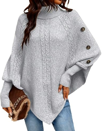 Suéter Tipo Poncho de Manga Larga con Cuello Alto y Mangas Tipo murciélago para Mujer, Estilo Capa de Punto Grueso, Color Gris, Talla Mediana.