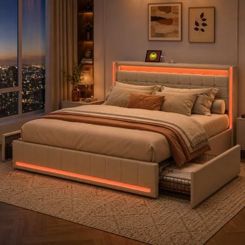 Bagagebädd 180 x 200 med led, vadderad säng med 4 vadderade sänglådor med USB- och typ-C-laddningsportar på sängbordet vadderade dubbelsängar för 2 personer (beige + linne-A, 180 x 200)