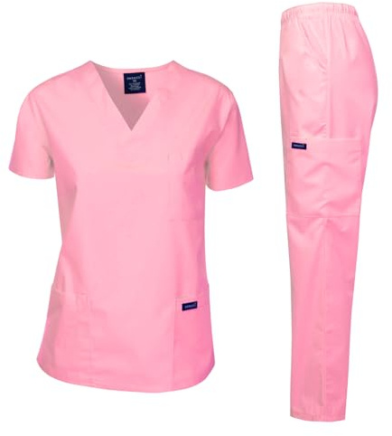 Dagacci Scrubs Medical Uniform Women and Man Scrubs Set Medical Scrubs Top and Pants, Powder Pink, Medium