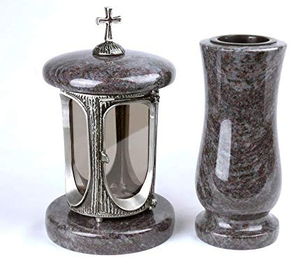 Designgrab gravlykta aluminiumkropp med kors och vas i granit Orion/Bahama blå svensk svart