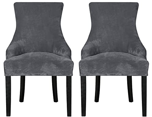 Leorate Dining Chair Covers Stretch Velvet Wingback Armchair Slipcovers Recliner Chair Protector for Kitchen Home Decor (Grey, Pack of 2)