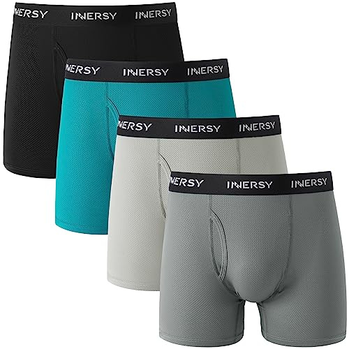INNERSY Mens Boxer Shorts Multipack with Fly Mesh Pants Underwear Pack of 4 | Quick Dry Boxers Briefs, Lightweight Hipster Underpants with Front Opening, Daily Wear/Sports/Gym/Travel, Keep Fresh and Cool