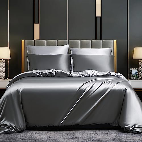 DXHOME Juego de ropa de cama de satén, 200 x 220 cm, color gris, gris claro, antracita, seda lisa y brillante, 3 piezas, elegante funda nórdica con cremallera y 2 fundas de almohada de 80 x 80 cm