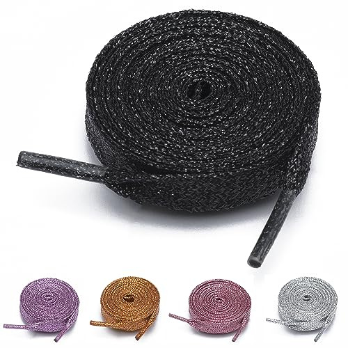 GEN BIGBOTTLE Flat Glitter Metallic Shoe Laces Bling Sparkle Sparkly Shoelaces For Sneakers Canvas Boot Sequin Shoe Strings, Black, 39in (100cm)