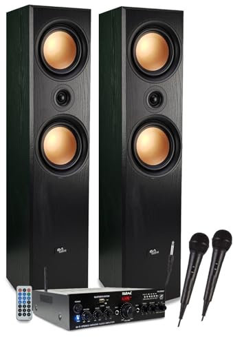 Evidence Acoustics Ensemble Colonnes HiFi/Home-CINÉMA 1000W PMPO, Enceintes EA-800-PG, Ampli stéréo 100W, USB MP3 SD Bluetooth FM, 2 Micros karaoké