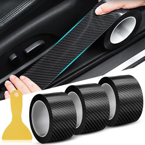 3 Rollen Schwarze Carbon Folie Auto Einstiegsleisten, Selbstklebend Auto Schutzfolie Lackschutzfolie, Einstiegsleisten Schutz Aufkleber, Autofolie für Kantenschutz Aufklebe Glänzend (5cm*10m/ Rollen)