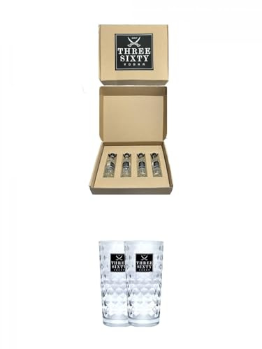 Three Sixty Vodka Set 4 x 4 cl Miniaturen im Geschenkkarton + Three Sixty Vodka Gläser 2 Stück