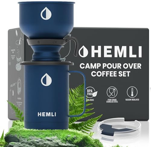 Hemli Pour Over Camp Coffee Maker Set– Vacuum Insulated Mug with Leakproof Lid, Stainless Steel Micro Filter, Scratch-Resistant Finish, Portable Coffee Maker for Camping, Travel & Outdoor Adventures