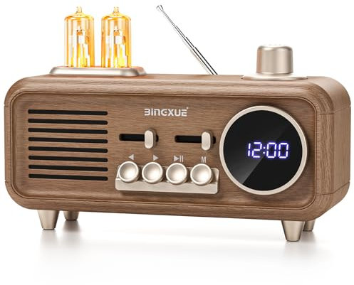 Portable Vintage FM Radio with Clock, Retro Bluetooth Speaker Radios with 2 Warm Light, Toggle 12/24 h Display, Strong Reception, Transistor Plug in Wall for Home, Bedroom（No Alarm Clock）