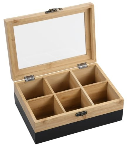 Kesper® | Tee-Box, Material: FSC®-zertifizierter-Bambus – 6 Fächer – mit Sichtfenster & Retro-Verschluss – Teebox zur Aufbewahrung, Maße: 21,5x15x8,5 cm – ohne Tee, Farbe: Schwarz-Natur | 58940