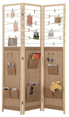 COSTWAY Paravento a 3 Pannelli, Separé Divisorio Pieghevole con 8 Tasche, 4 Ganci, Corde di Iuta per Appendere e 20 Clip in Bambù, Separatore di Spazio in Legno Boho per Casa e Negozi