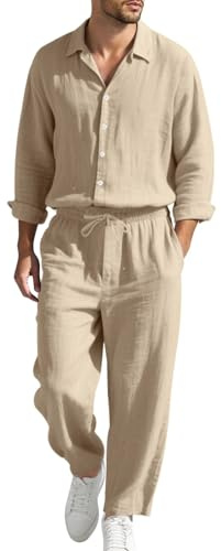 Generico 2 Pezzi Tuta Uomo Set completo Estivo in Lino, Camicia e Pantaloni con Elastico in Vita, a Maniche Lunghe, in Tinta Unita, Traspirante Casual, per Spiaggia Vacanza, per il Tempo Libero