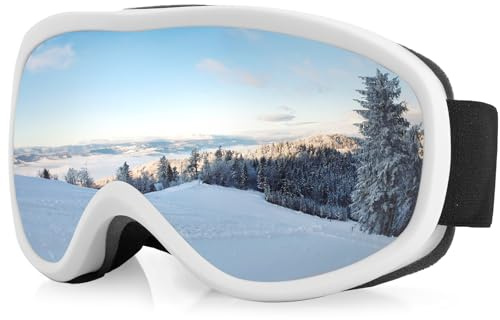 VINTEAM Maschera da Sci Uomo Donna OTG Occhiali da Sci con Doppia Lente Antiappannamento in PC Maschera da Snowboard Protezione UV400, Cinturino Antiscivolo 3D per Ciclismo Arrampicata Sci - Bianco