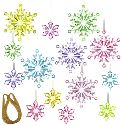 51 adornos acrílicos de Navidad, juego de adornos coloridos de copo de nieve, decoraciones colgantes de copos de nieve desde el techo, adornos pastel para ventanas de árbol de Navidad, chimenea, boda