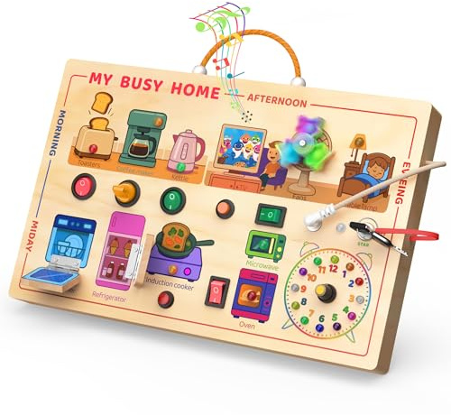 flycoost My Busy Home Montessori Busy Board for Toddlers 1-3, Wooden Sensory Activity Board with Switches, Lights, Clock, Kitchen Appliances Toys, Educational Busy Board for 1+ Year Old Boys Girls
