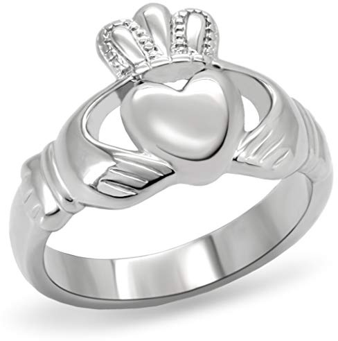 Eternal Sparkles Women's Silver Claddagh Celtic Irish Fashion Comfort Statement Love Ring in Silver Stainless Steel