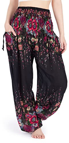 Lannaclothesdesign Harem Boho Pants for Women (M, Black)