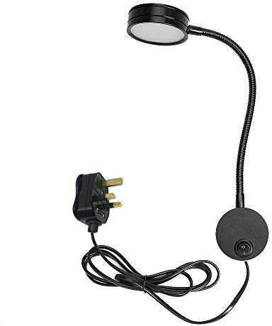 Youngine 5W UK Plug Reading Lamp, Flexible Gooseneck 5W LED Wall Mounted Bedside Light with ON/Off Switch and Plug for Bedroom Hotel Workbench Studio (Black Cool White)