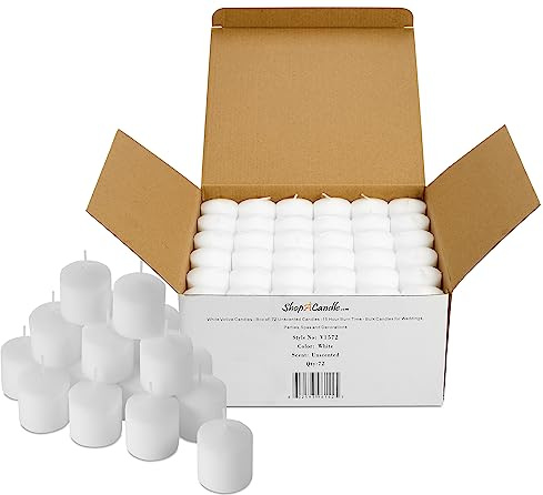 Bulk Pack of 72 White Votive Candles - Box of 72 Unscented Bulk Candles - 15 Hour Burn Time - for Weddings, Restaurants, Parties, Spa and Decorations.