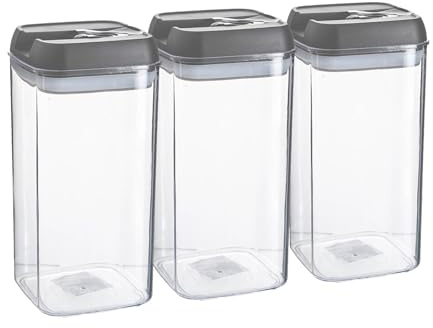 Argon Table Food Storage Containers with Airtight Flip Lock Lids - 1200ml - Grey - 3 Pack - Plastic Kitchen Storage Tupperware Pantry Food Organiser for Cereal, Oats, Sugar, Coffee, Biscuits, Tea