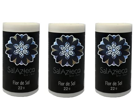 Sal Azteca/Flor de Sal de Manantial - Menos Sodio, 100% Pura y Natural, sin Refinar. Rica en Magnesio y más Minerales. Gourmet por Excelencia (3 Saleritos de Bolsillo 22g cada uno)