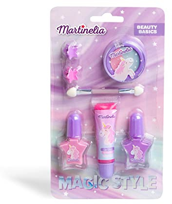 Martinelia Indispensables Beauté Maquillage Enfant Licorne - Gloss Brillant à Lèvres Fraise, Vernis à Ongles Métallisés, Fards à Paupières, Pinceau, Pinces - Kit Maquillage Fille Sans Produits Nocifs