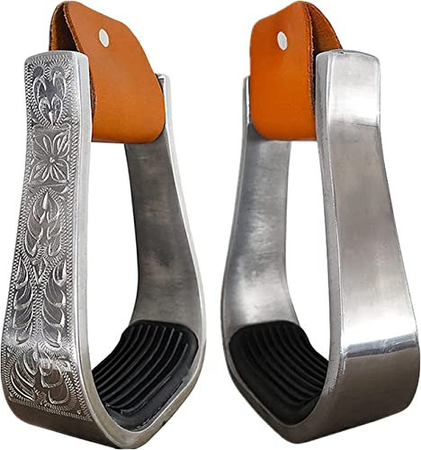 Unistrengh Western Steigbügel Leder Aluminium Steigbügeleisen & -tritte für Reitsport Zubehör Westernsteigbügel mit rutschfestem schwarzem Gummikissen,Silber 2