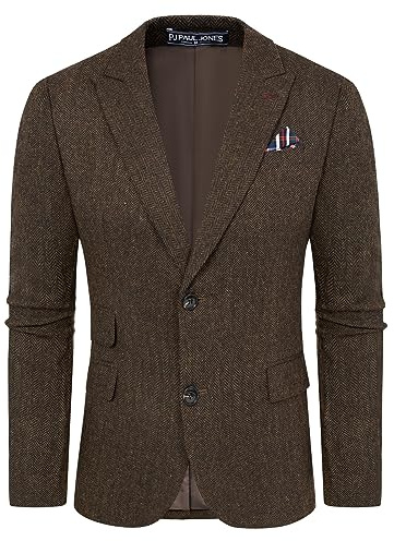 Men's Herringbone Tweed Blazer 2 Button Wool Blend Sport Coat Jacket Brown Herringbone XL
