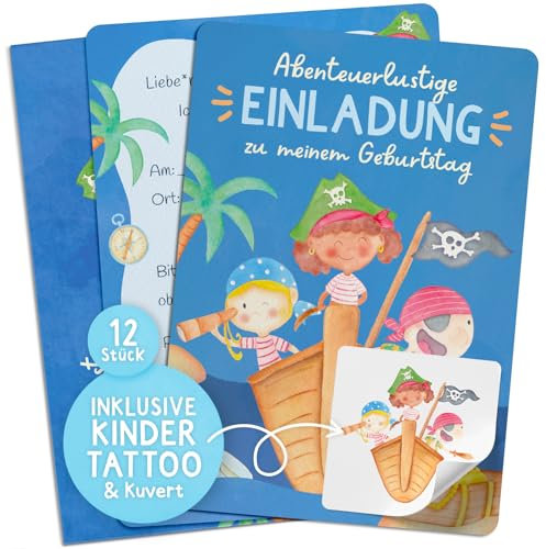 Famifidus 12x Einladungskarten Kindergeburtstag mit Kindertattoos I Einladungskarten Geburtstag in verschiedenen Motiven I Einladungskarten Kindergeburtstag Mädchen & Jungen