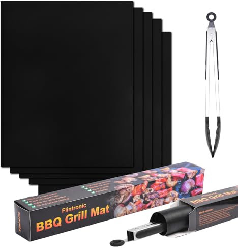 Flintronic BBQ Grillmatte, 5er Set Antihaft Teflon Grillmatten, PFOA Frei Grillplatte Backpapier Grillzubehör, Silikon Backmatte Wiederverwendbar für Gasgrill, Holzkohlegrill, Backofen, 50x40CM