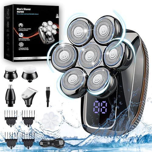 Rasoir Electriques Hommes, 5 en 1 Rasoir Crane à Tête Chauve Rotatives USB Rechargeable, Ensemble de Rasoir Chauve Imperméable et à sec Flottant 7D, Rasoir Nez Ave écran LED et Brosse pour le Visage