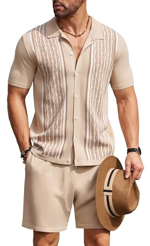COOFANDY Ensemble 2 pièces pour homme - Style vintage - Manches courtes - Polo en tricot boutonné - Style décontracté - Short de plage