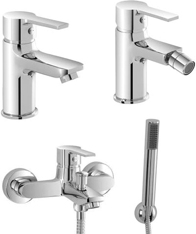 Set miscelatori lavabo bidet e vasca con kit doccia, in ottone cromato con piletta automatica per lavabo e bidet, serie PRIMA