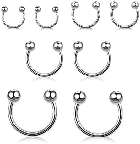 SpetngSake 8 Stück Septum Piercing Silber, Silber Hufeisen Hypoallergen, 6/8/10/12 mm Smiley Piercing, Sicherer Septum Ring für Selbst, Freundinnen Geburtstags, Weihnachts, Geschenk
