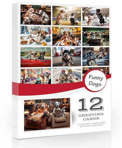 12 x Funny Dog Greetings Cards Pack. Great for Birthday and Thank You Notes. Blank Note Cards with Envelopes. Designed and Printed in the UK