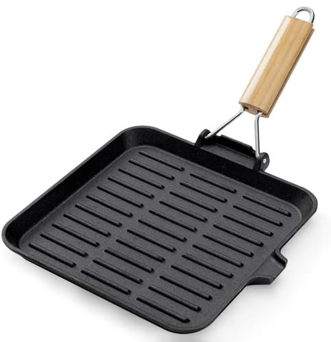 Warmiehomy Cast Iron Griddle Pan,24cm Pre-Seasoned Non-Stick Cast Iron Skillet Grill Pan with Foldable Handle for Gas Induction Electric Hobs and Oven Safe,Square