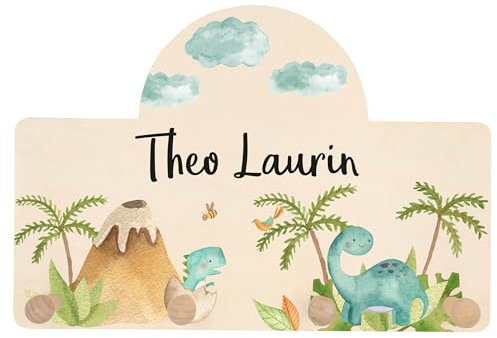 Geschenkfreude Personalsierte Kindergarderobe mit Namen aus Holz - Kinder Garderoben Dino einzigartige Kinderzimmer Deko - individuelle Wandgarderobe - Baby Garderobe - Kleiderhaken für Kinder